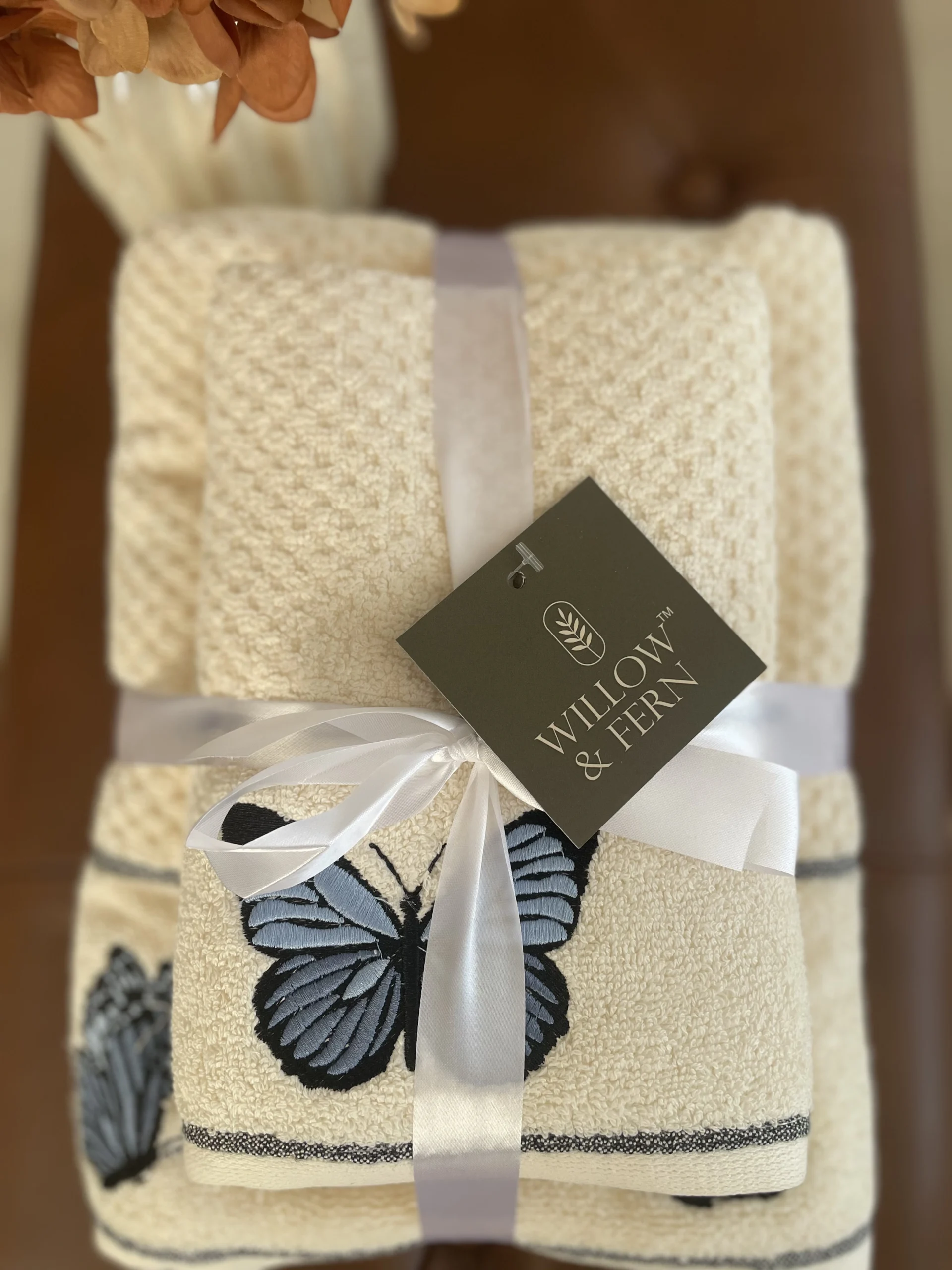 Premium Cotton Embroidered Butterfly Towel Set.