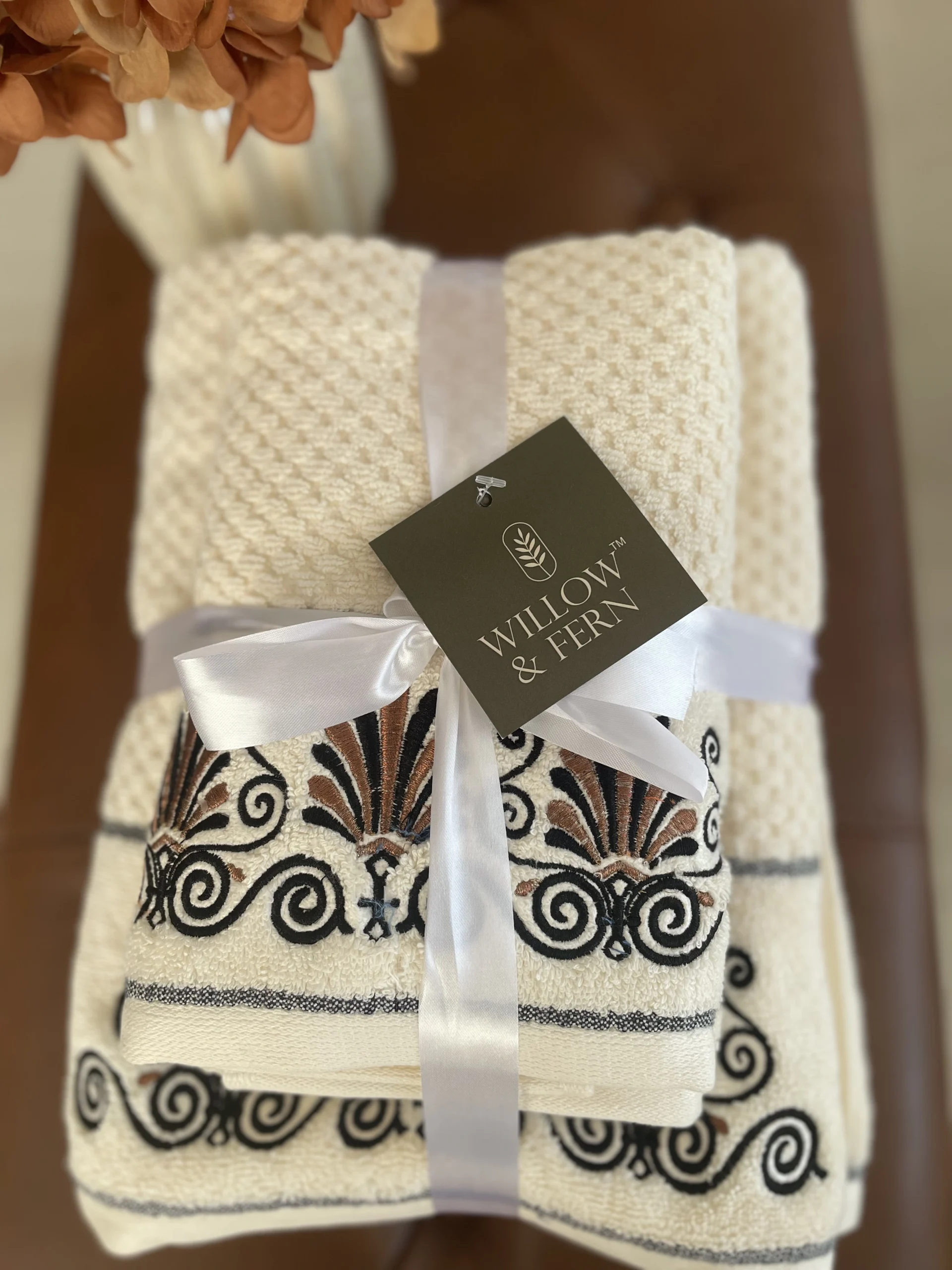 Premium Cotton Embroidered Scroll Towel Set.
